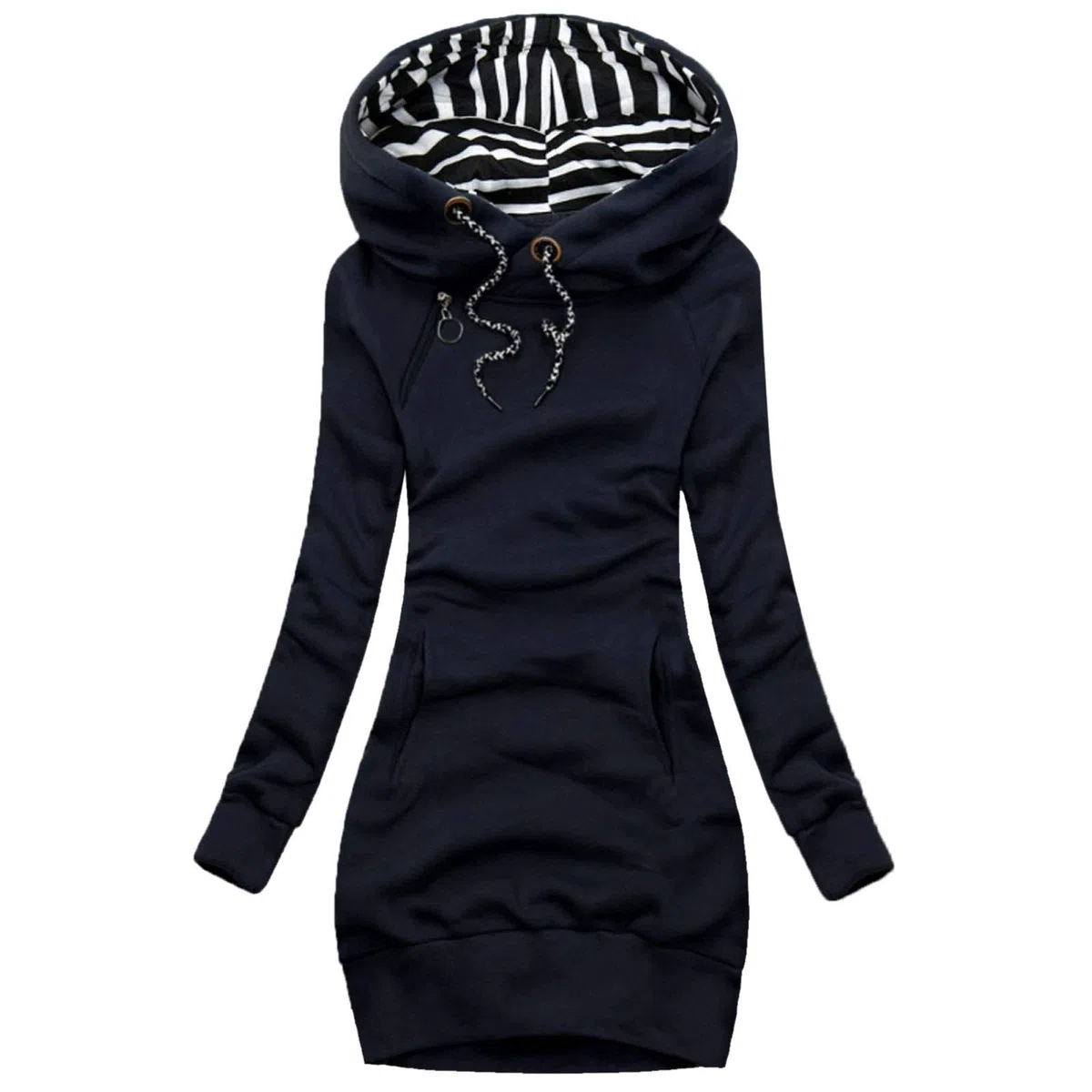 Rękaw długa kieszeń jednolity golf top damska bluza w paski moda damska płaszcz z kapturem płaszcz, granatowy, XXL